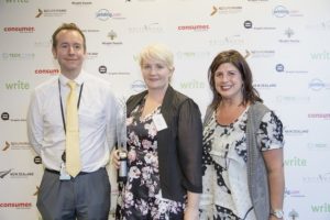Image, Anne-Marie Masgoret, right, from sponsors Immigration New Zealand, with winners Anthony Frith and Bridget Cheesman